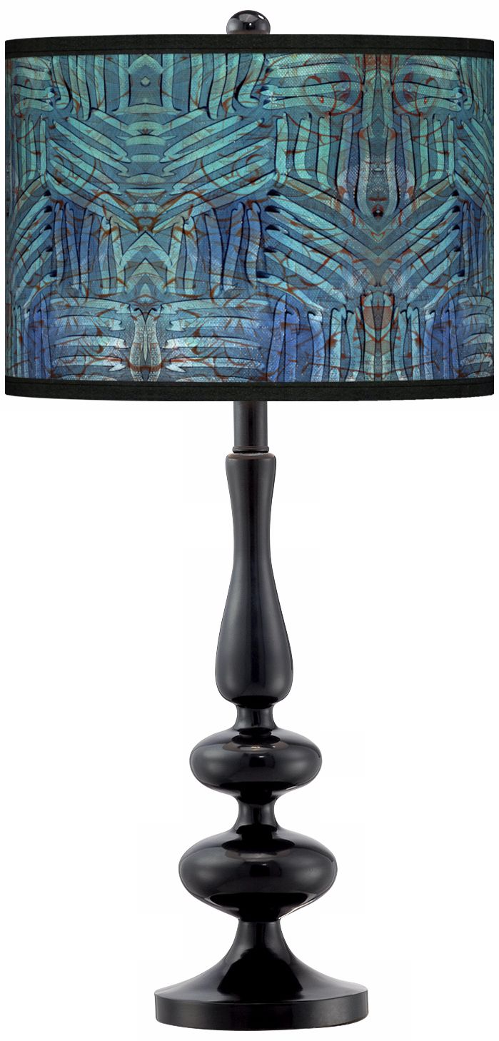 Aqua Fractals Giclee Paley Black Table Lamp