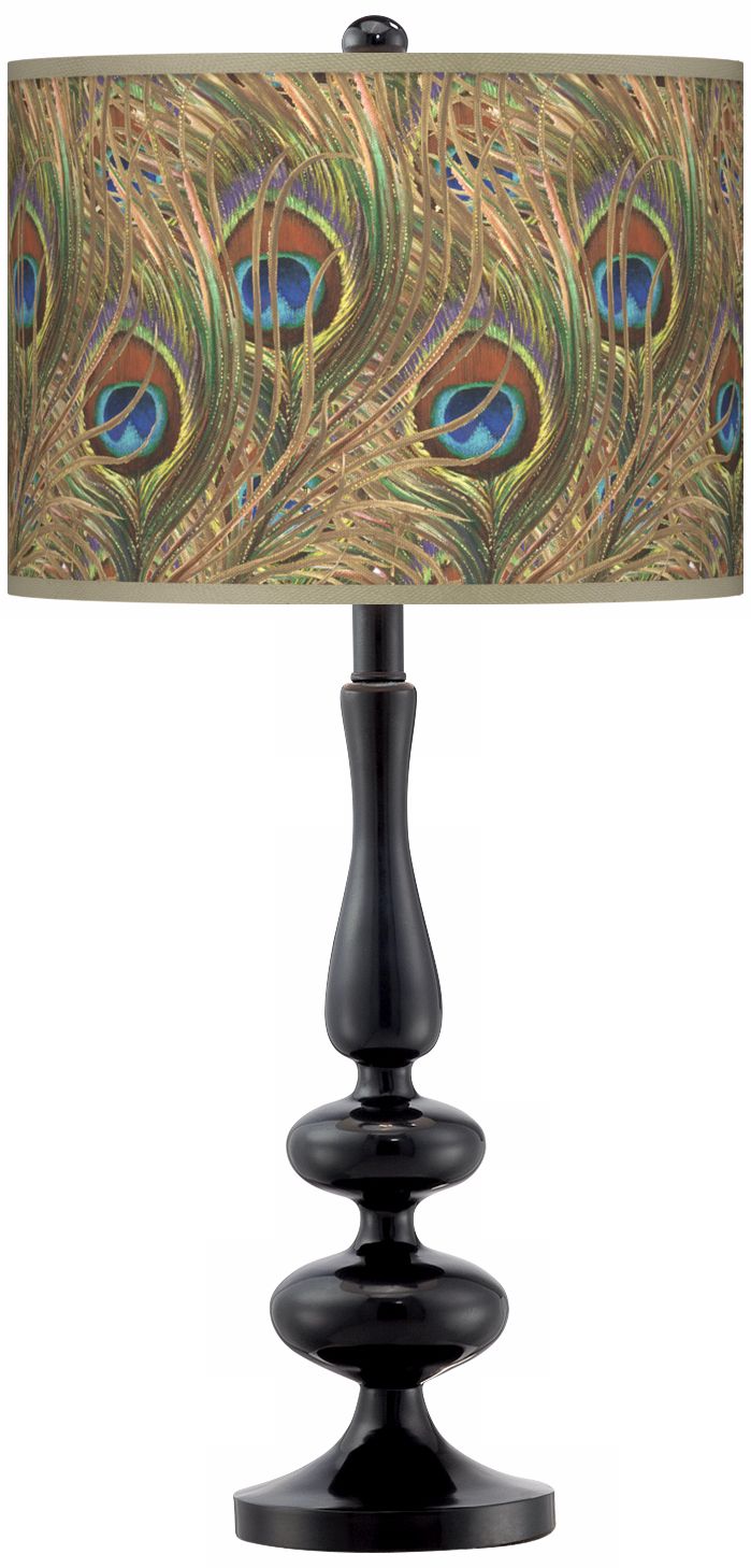 Iridescent Feather Giclee Black Table Lamp