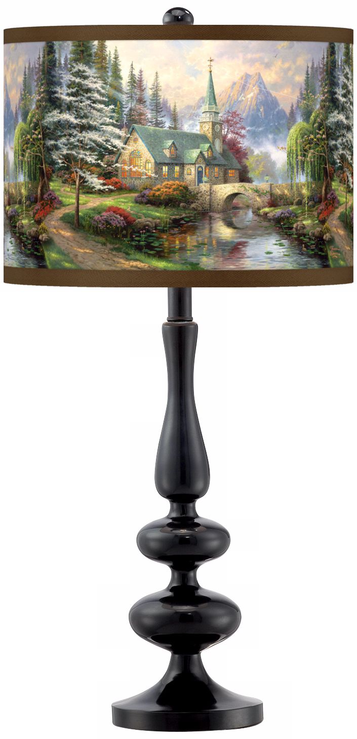 Thomas Kinkade Dogwood Chapel Giclee Glow Black Table Lamp