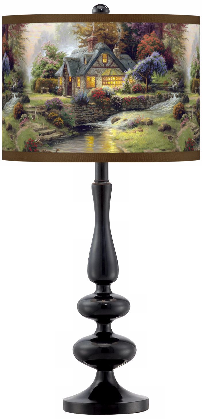 Thomas Kinkade Stillwater Cottage Giclee Glow Black Table Lamp
