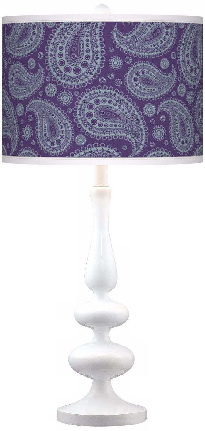 Purple Paisley Linen Giclee Paley White Table Lamp