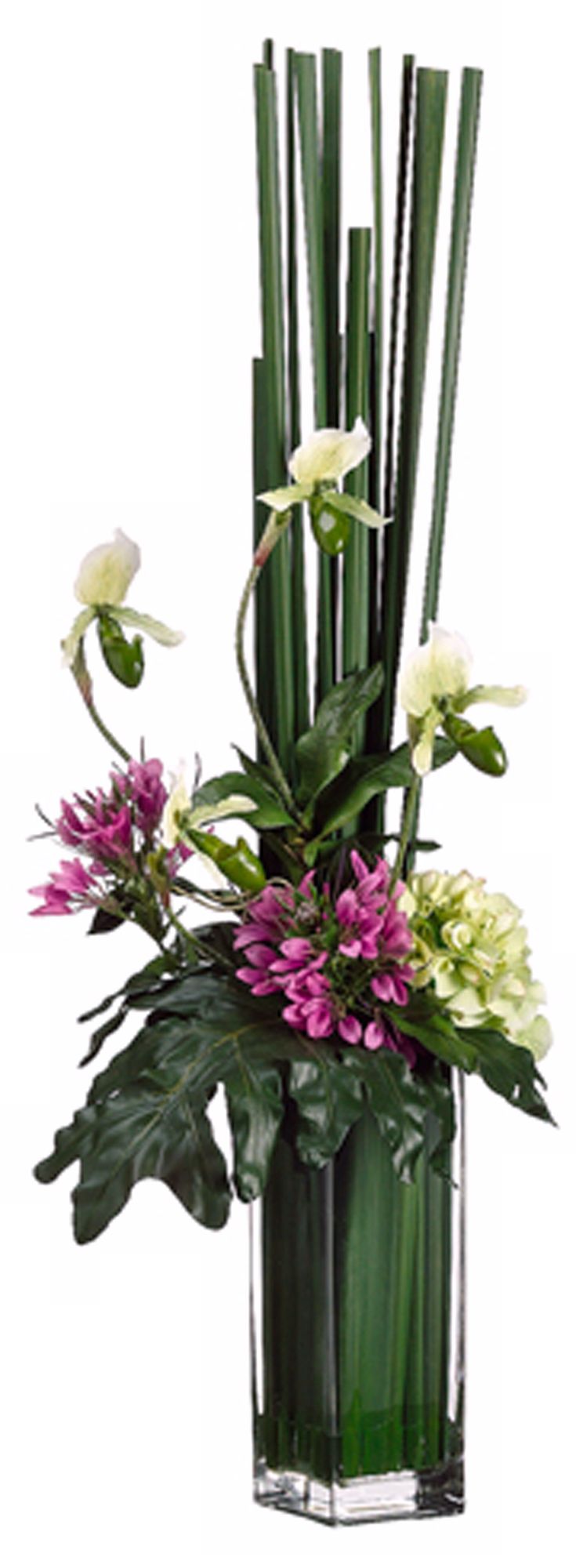 Euphorbia and Lady Slippers in Glass Vase Faux Flowers