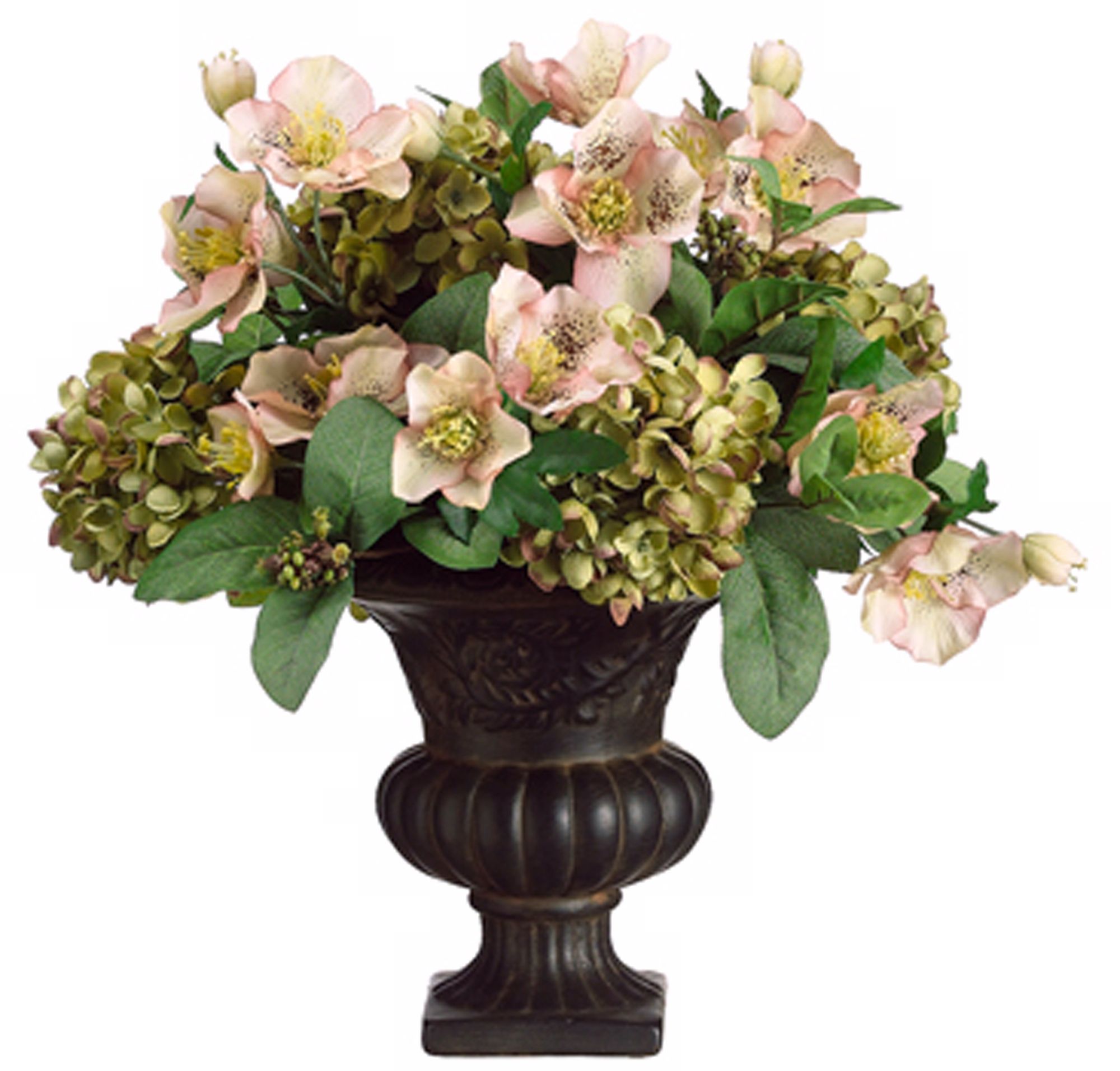 Helleborus and Hydrangeas in Urn Faux Flowers