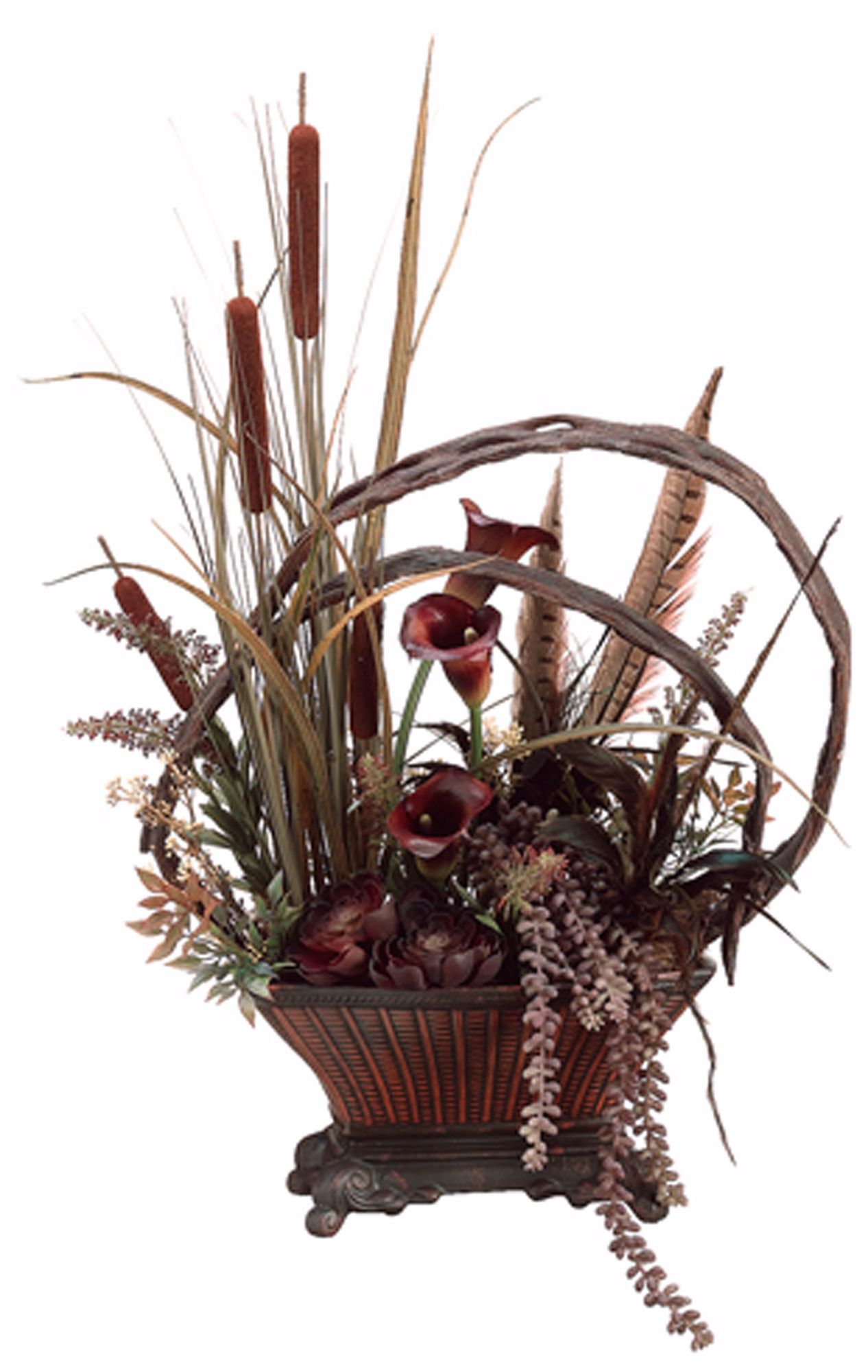 Calla Lilies and Feathers in Ceramic Vase Faux Flowers