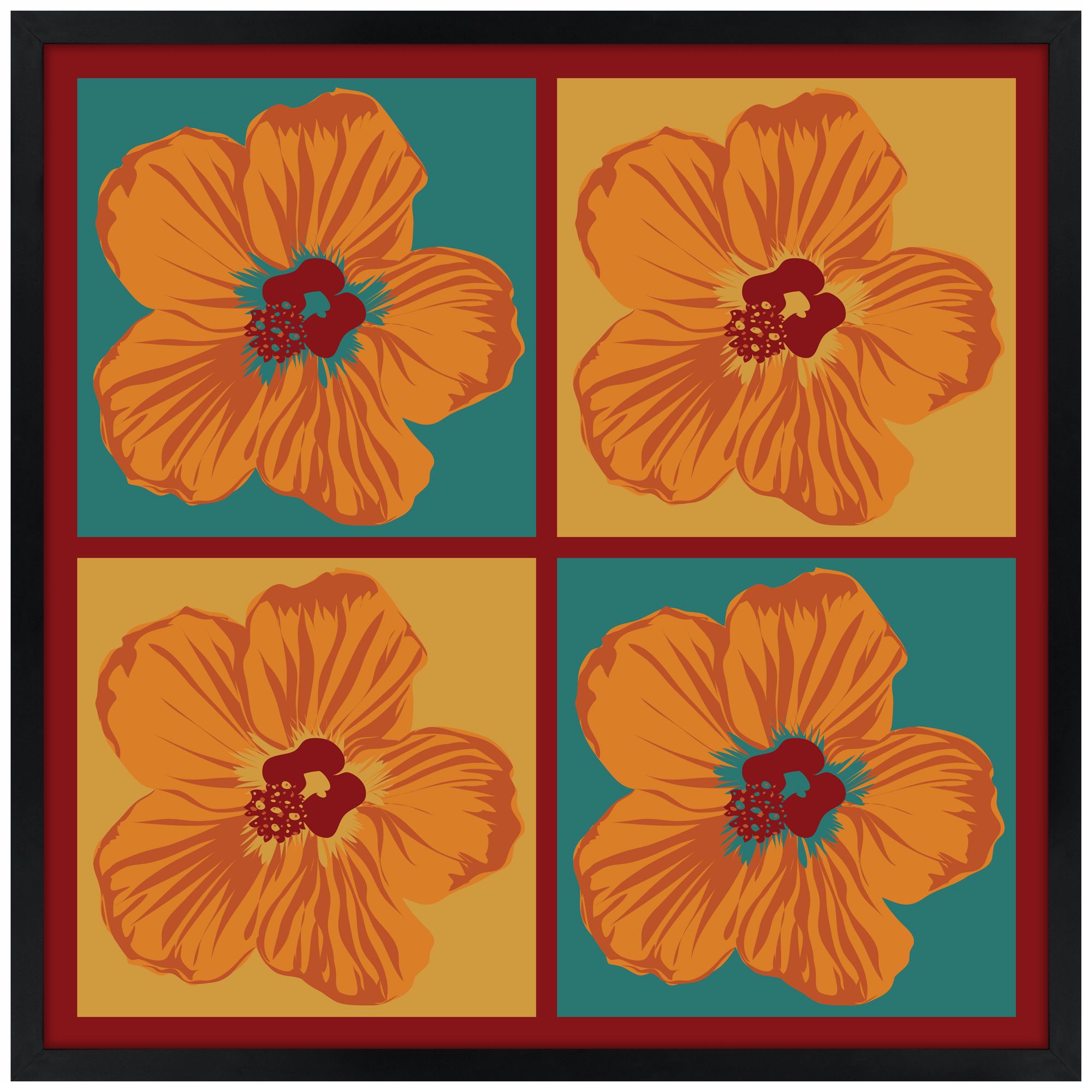 Orange Hibiscus 26" Square Black Giclee Wall Art