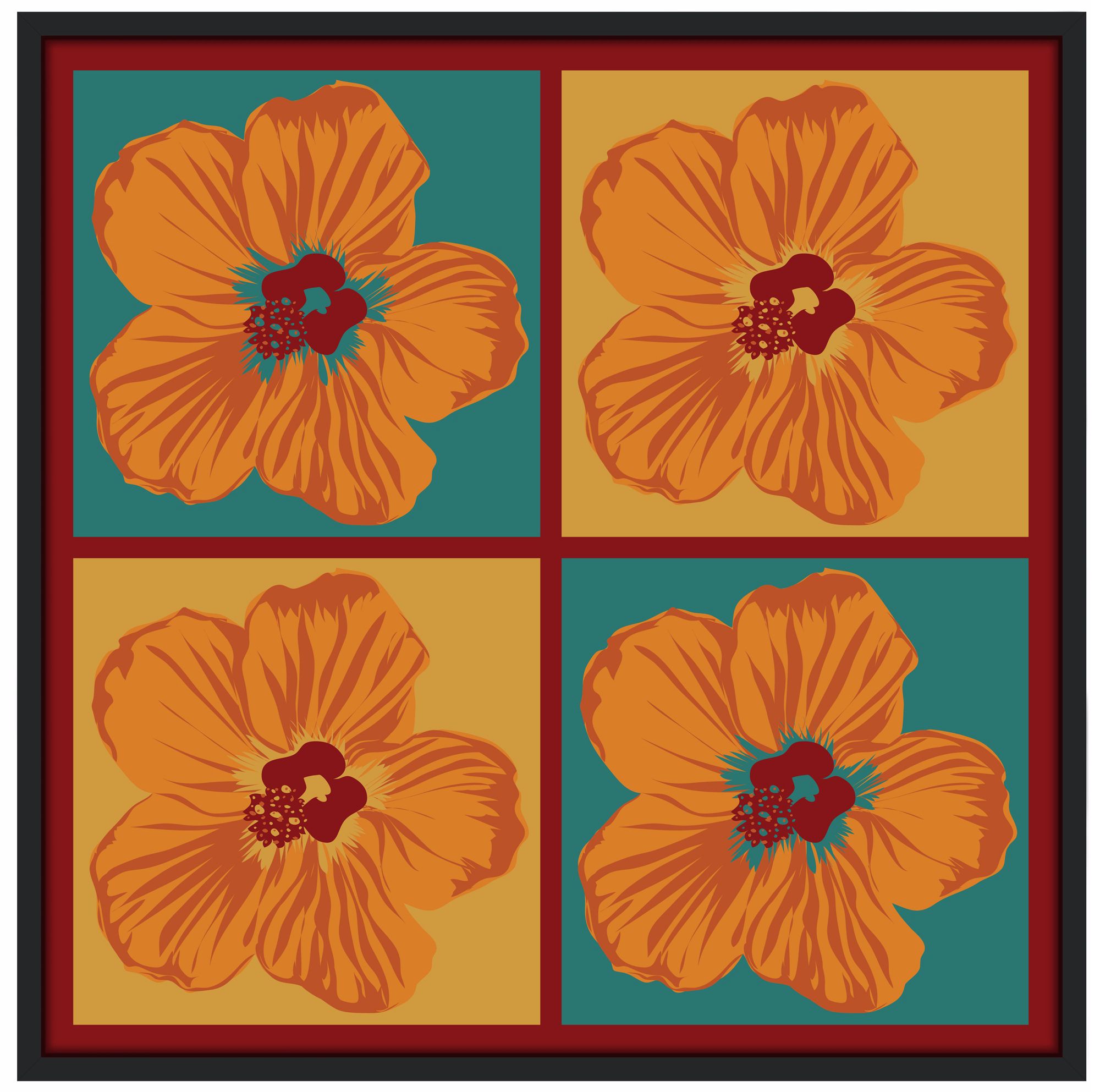 Orange Hibiscus 37" Square Black Giclee Wall Art
