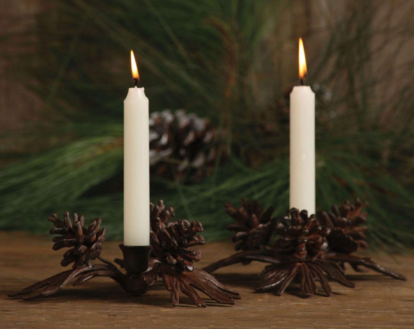 Set of Two Pine Cone Taper Candle Holders