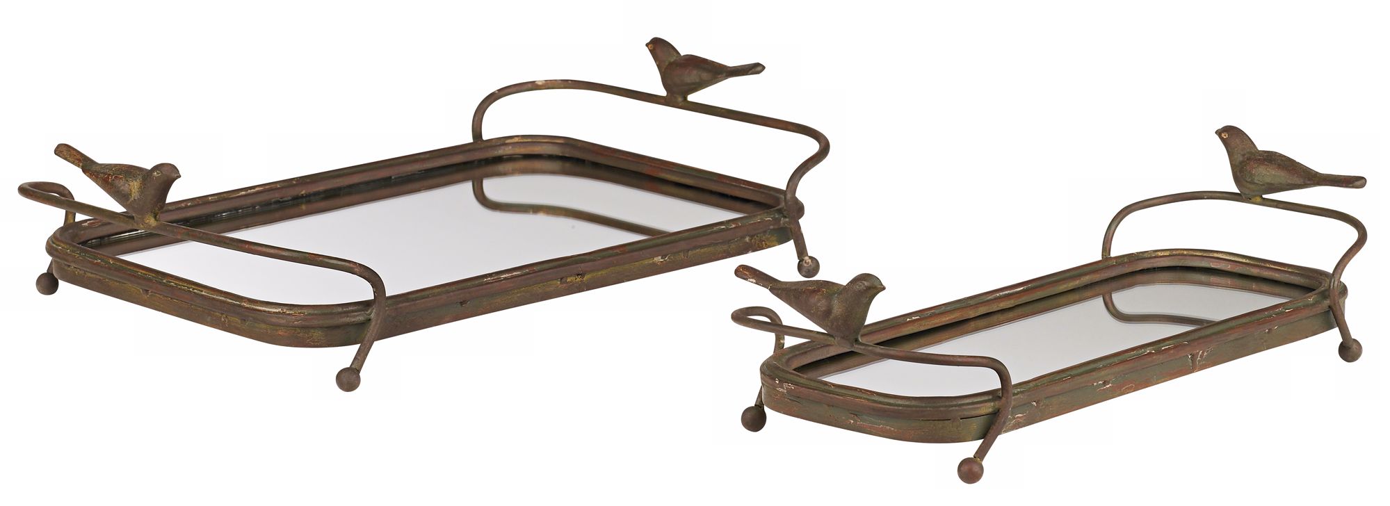 Set of Two Iron Serving Trays with Bird Details