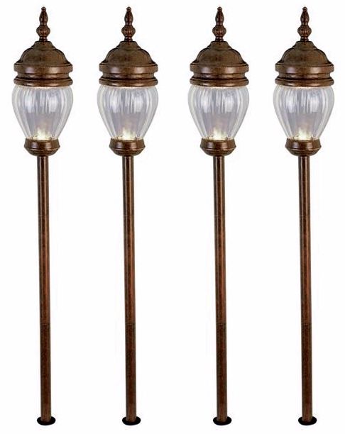 Set of 4 Copper Ribbed Glass LED Landscape Path Lights