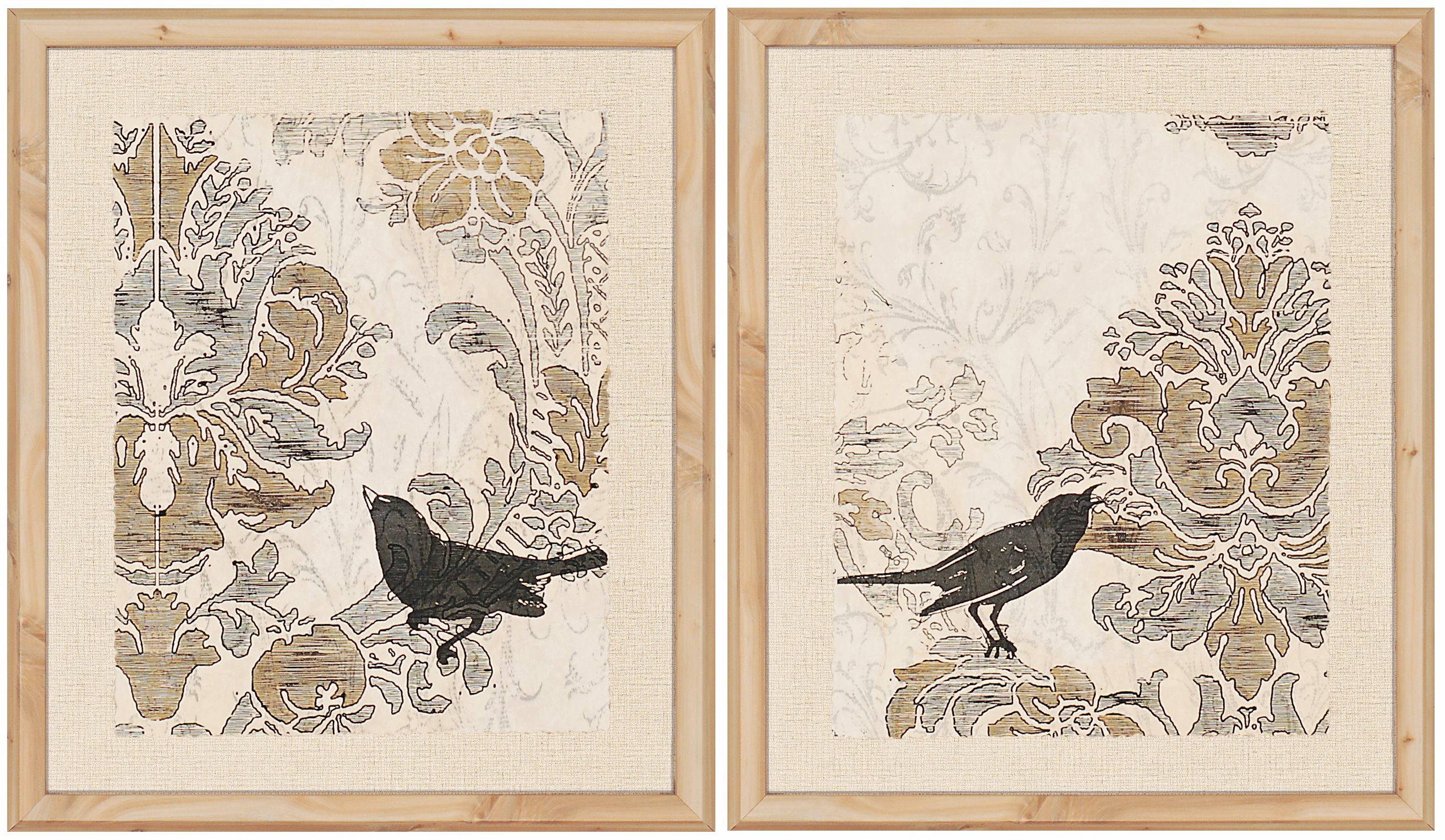 Set of 2 Damask Songbirds 25" High Framed Wall Art