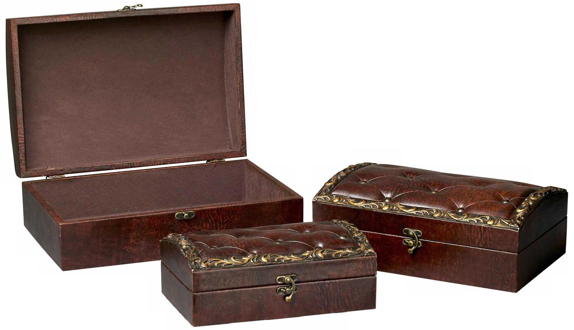Set of 3 Brown Tufted Faux Leather Boxes