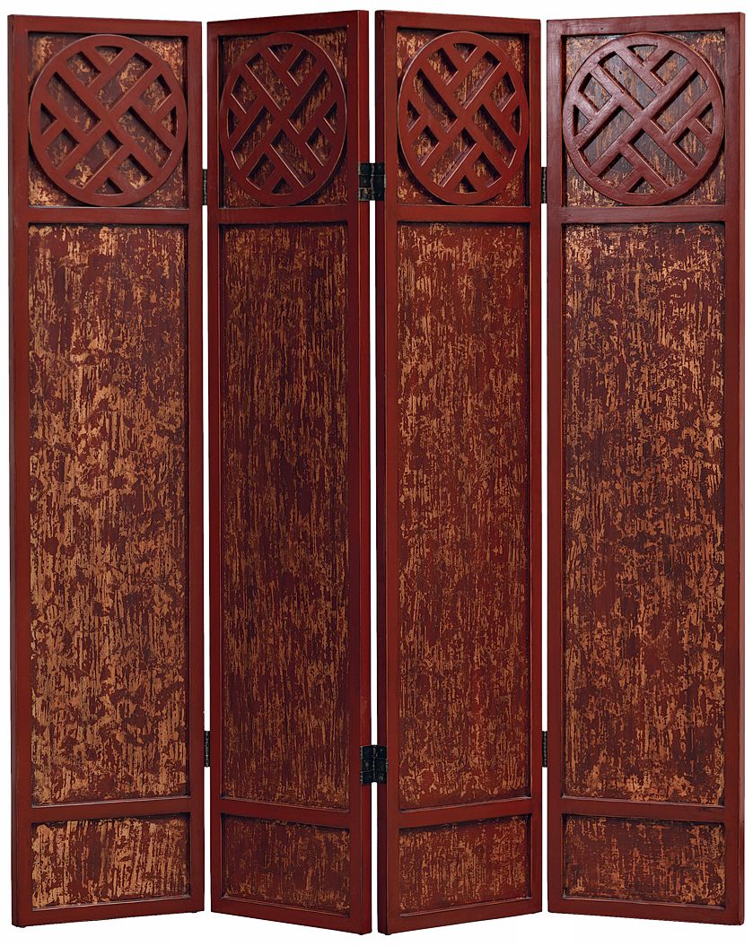 Tang Antique Red Asian 4-Panel Room Divider Screen