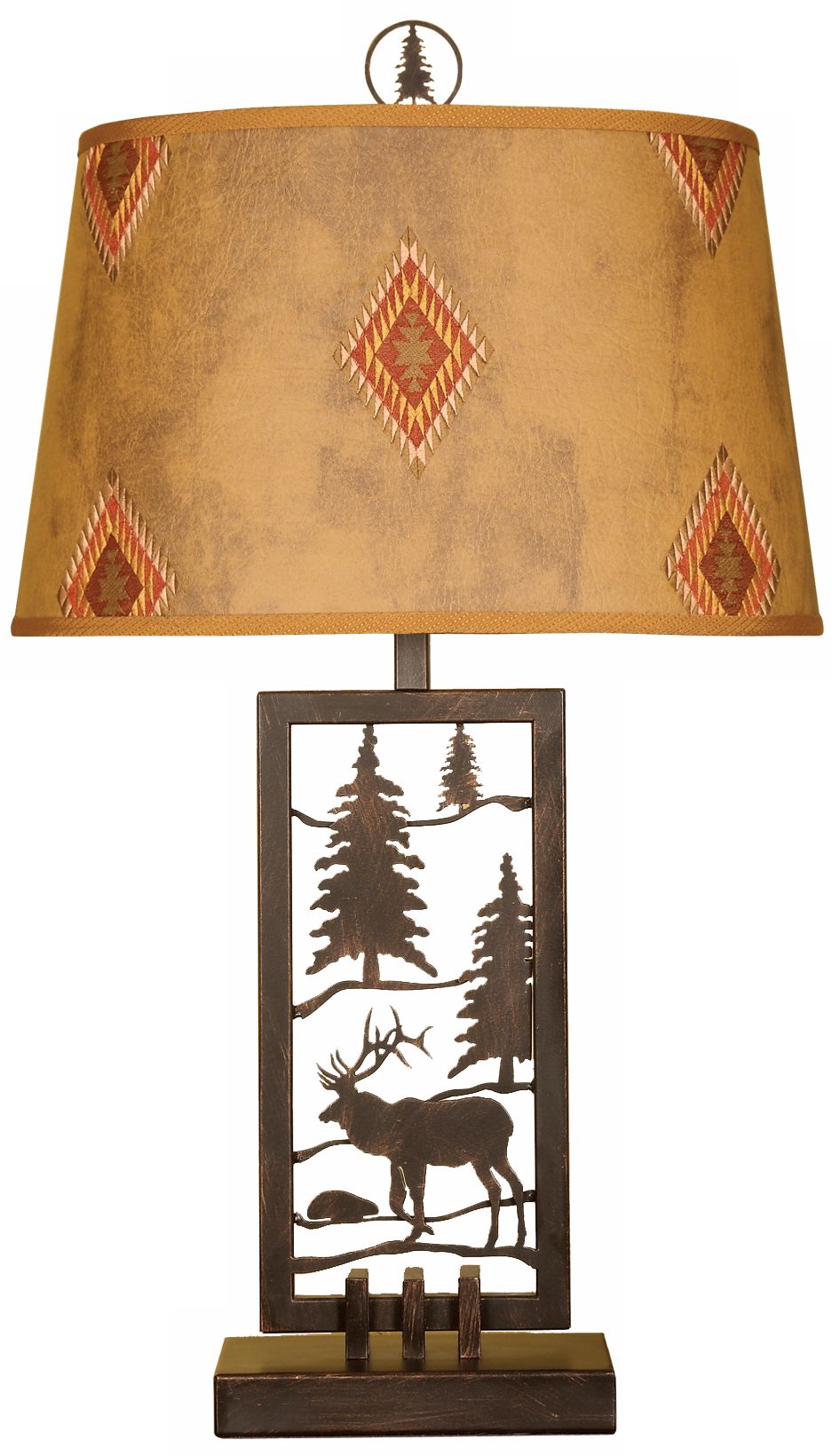Metal Elk and Pine Trees with Faux Leather Shade Table Lamp P3614
