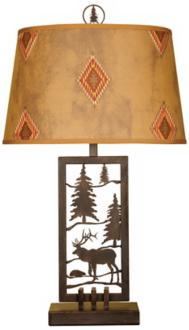 Metal Elk and Pine Trees with Faux Leather Shade Table Lamp P3614
