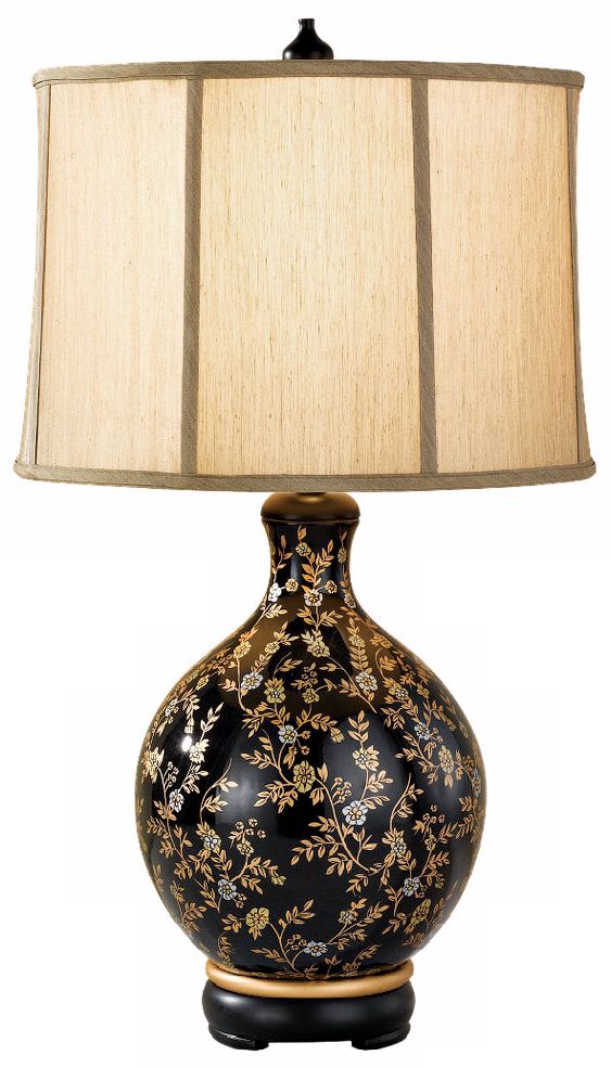 Black and Gold Floral Hand-Painted Porcelain Lamp