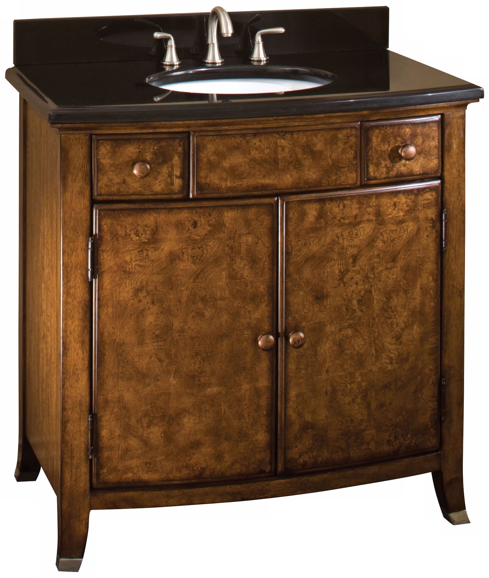Transitional Oak Burl Marble and Porcelain Bath Vanity