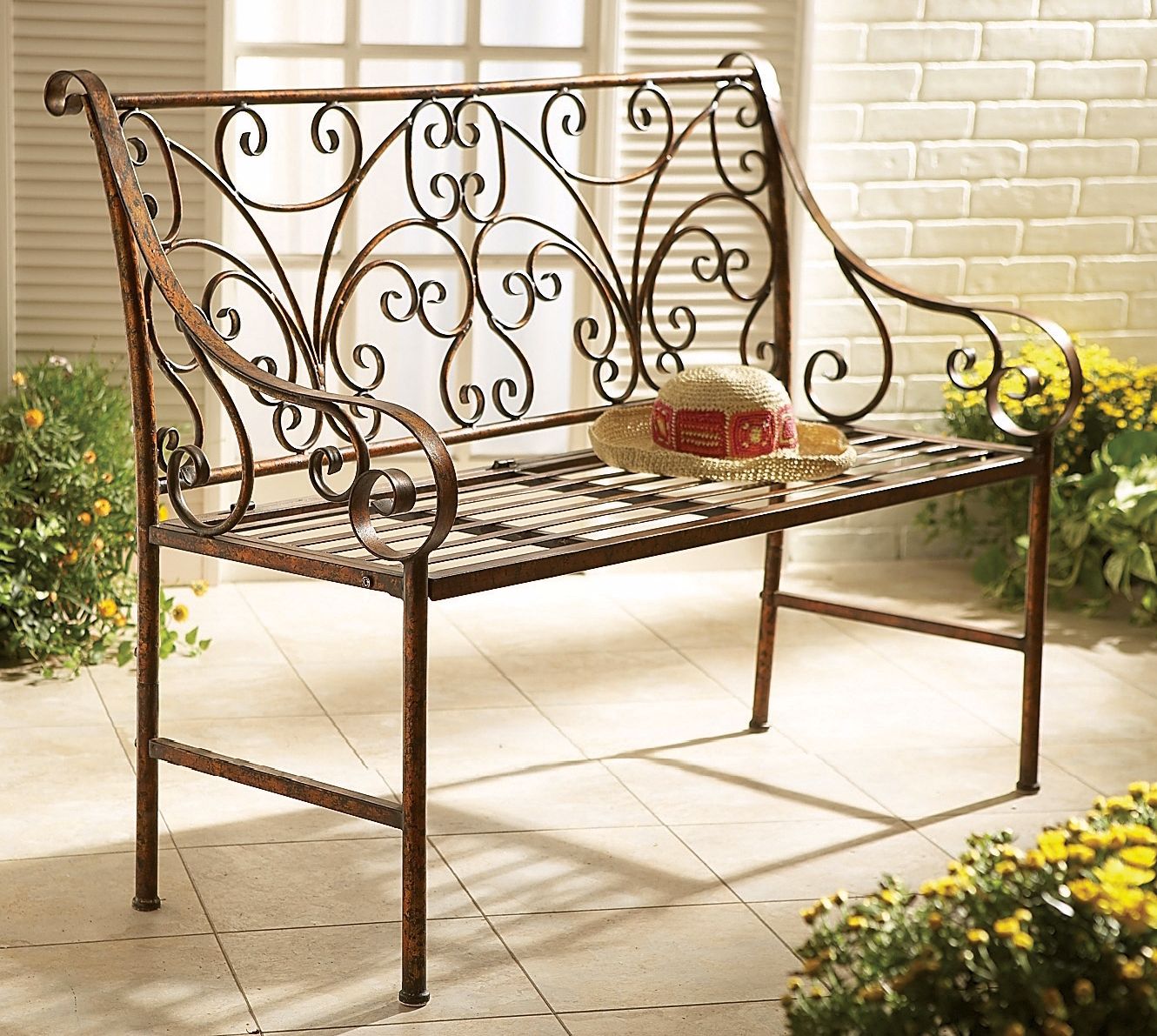 Antique Gold Iron Scroll Garden Bench