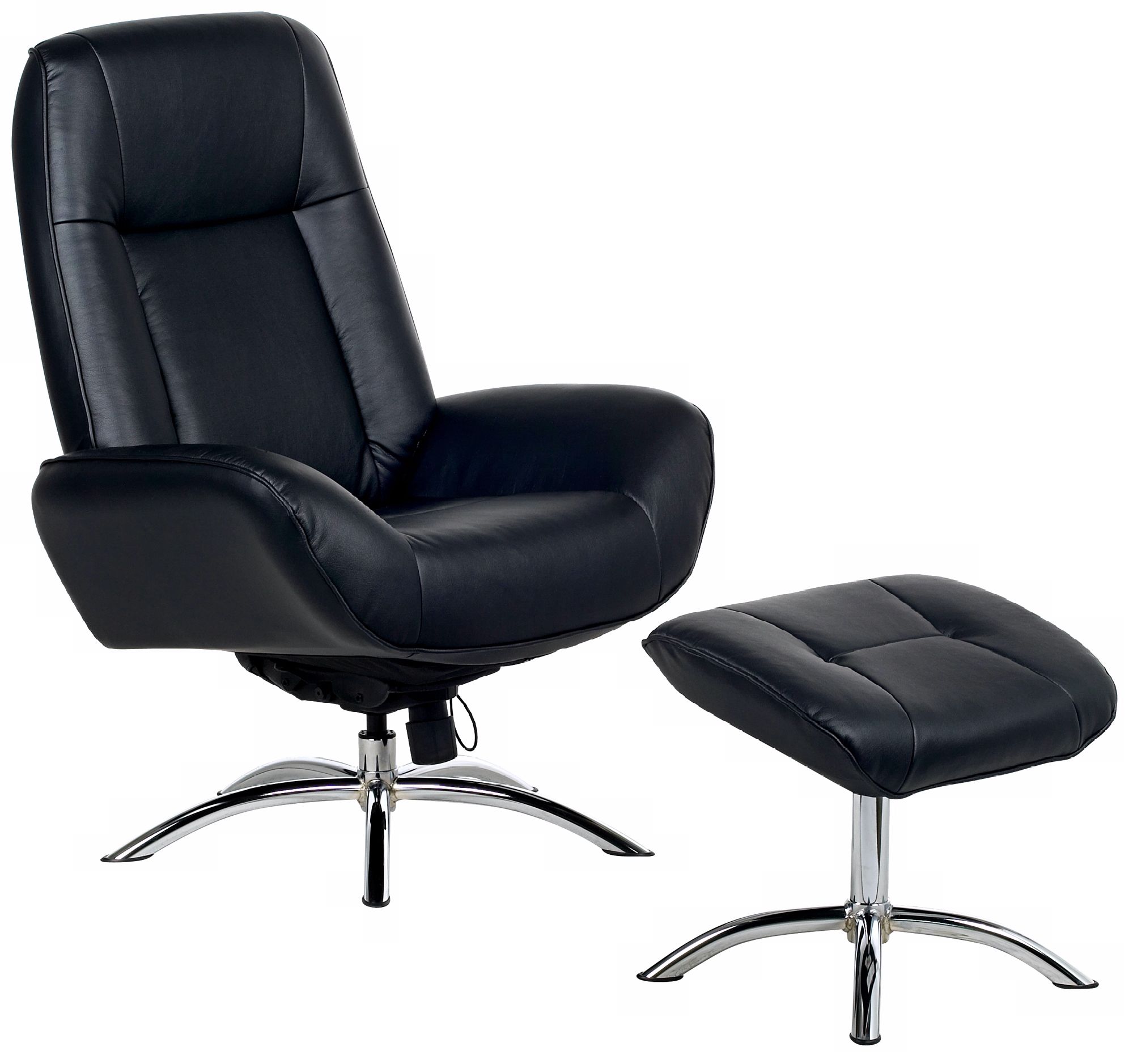 Contemporary Black Leather Swivel Recliner and Ottoman
