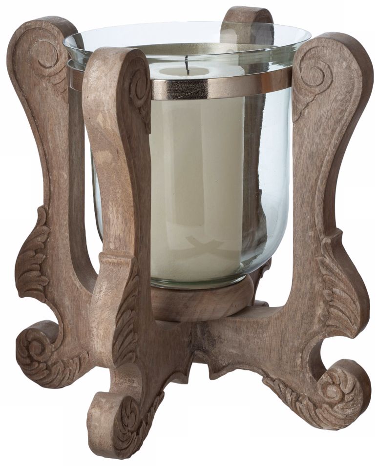 Carved Wood Hurricane Candle Holder Small