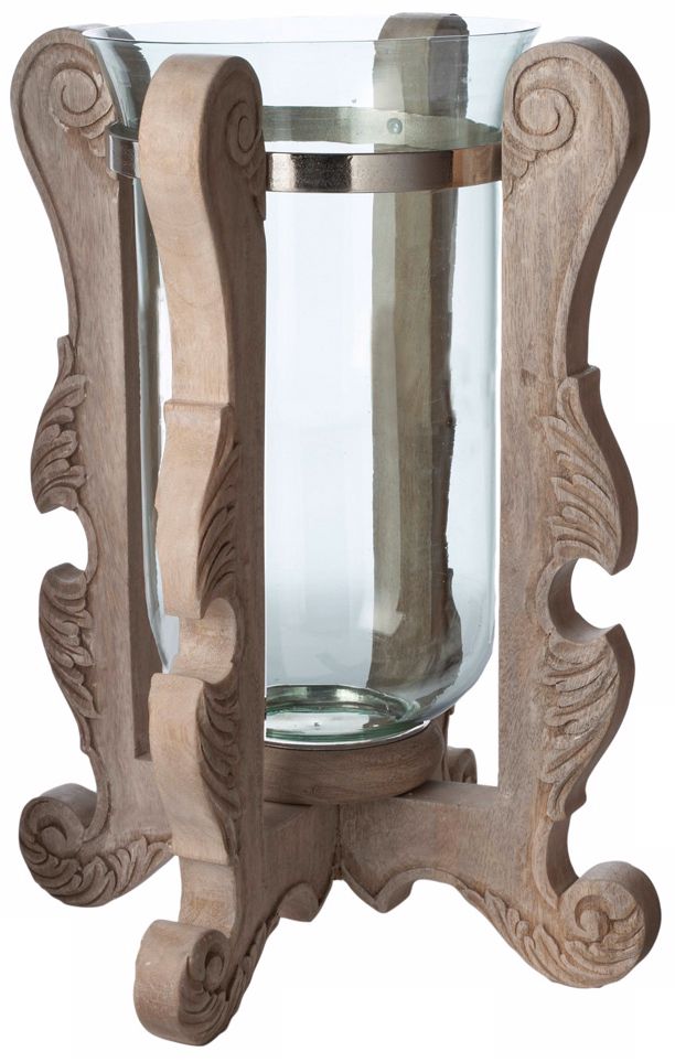 Carved Wood Hurricane Candle Holder Large