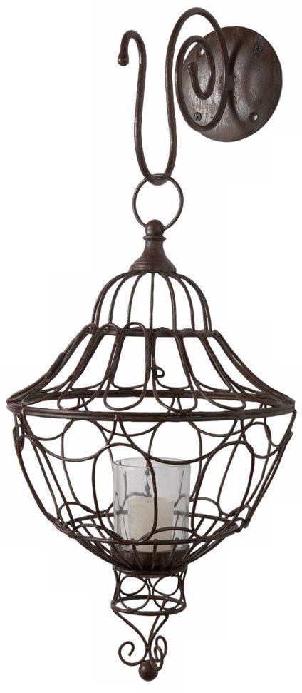 Russet Wall Mount Wire Lantern With Glass Candle Holder