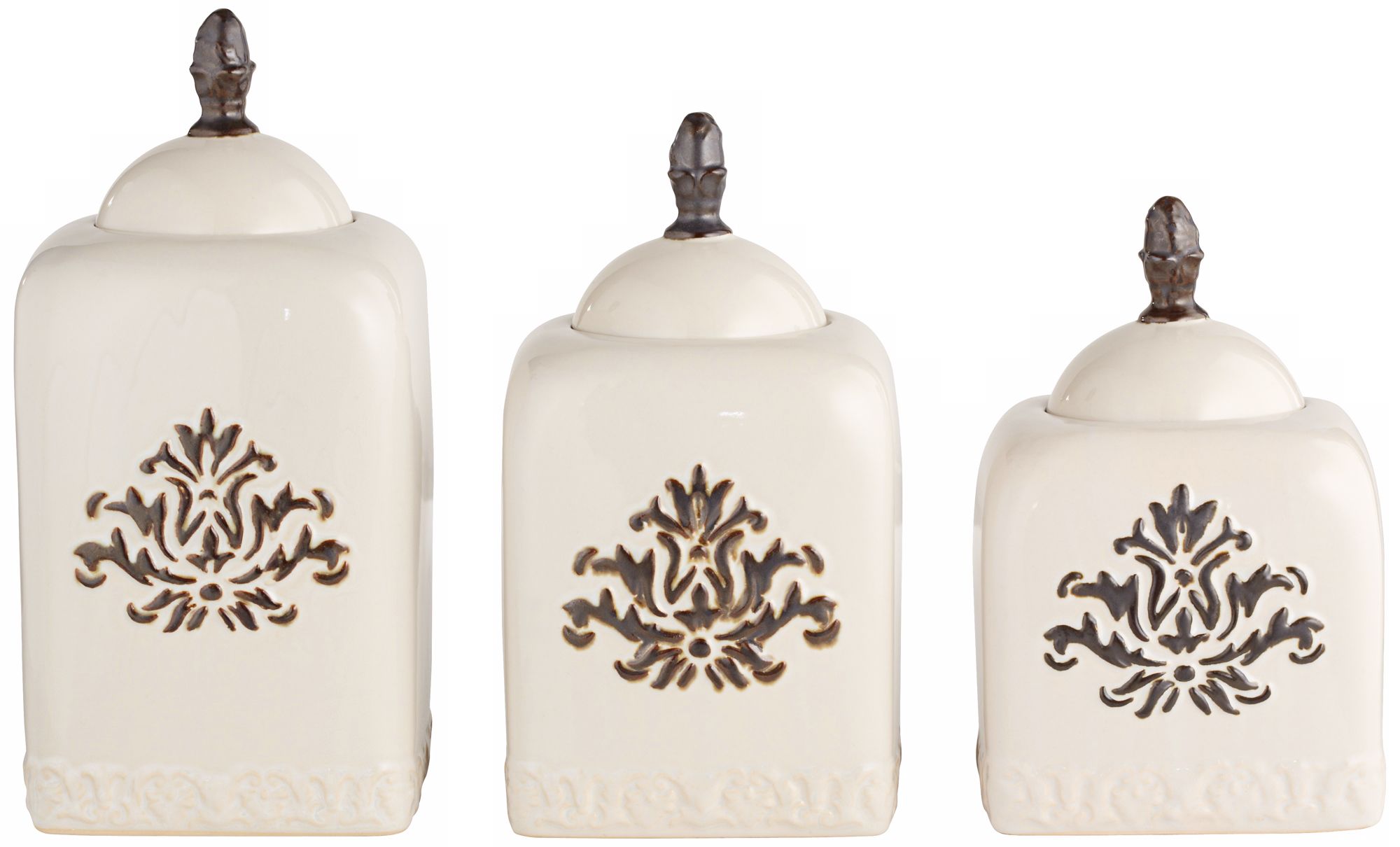 Set of 3 White Ceramic Canisters With Floral Detailing