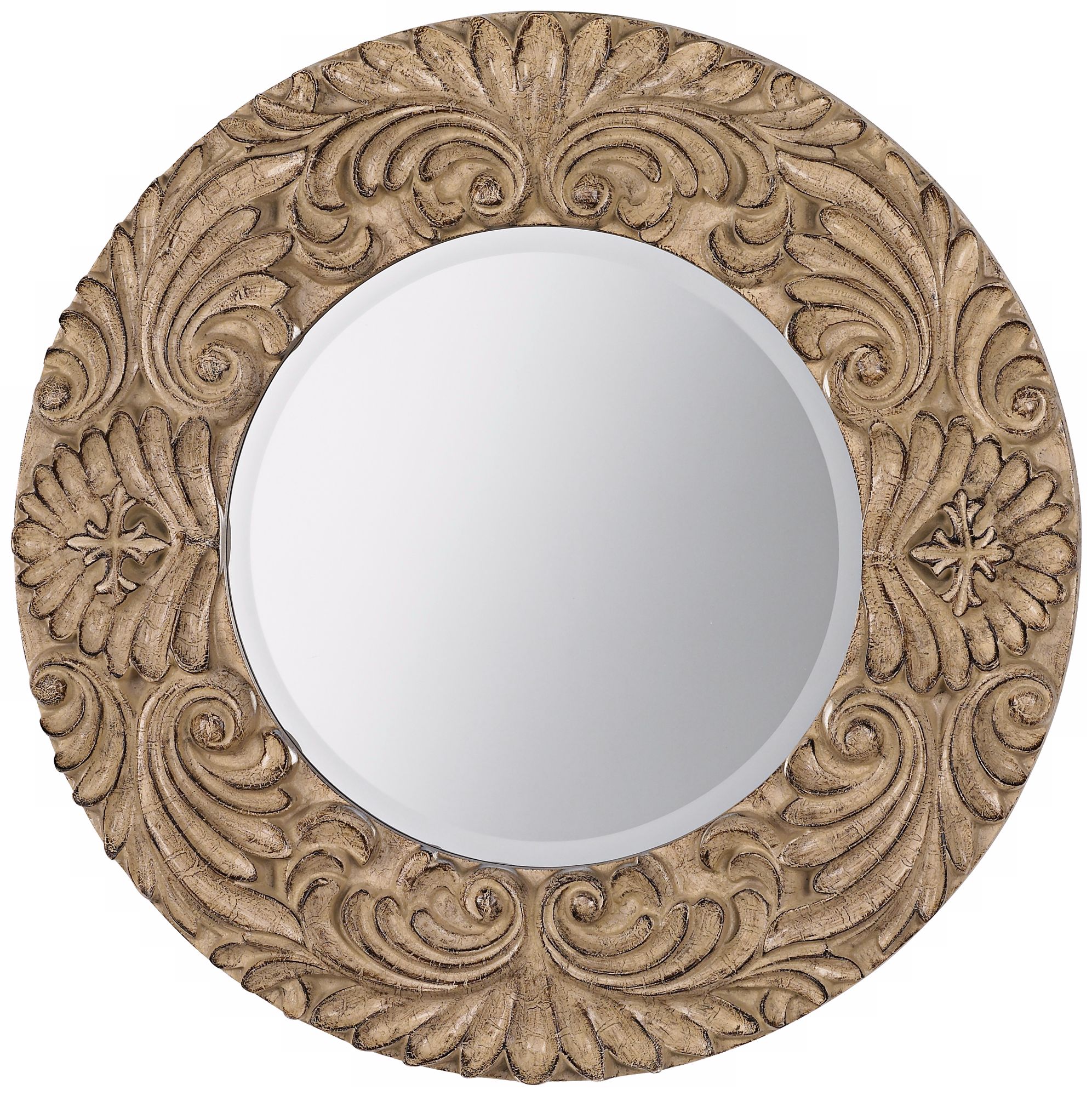 Acanthus Beige Crackle 30" Wide Round Wall Mirror