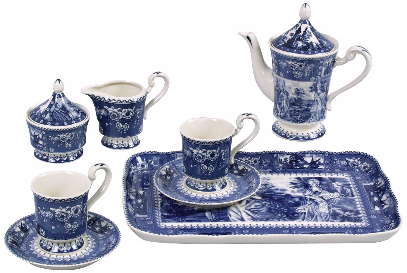 Set of 8 Deep Blue and White Toile Pattern Porcelain Tea Set
