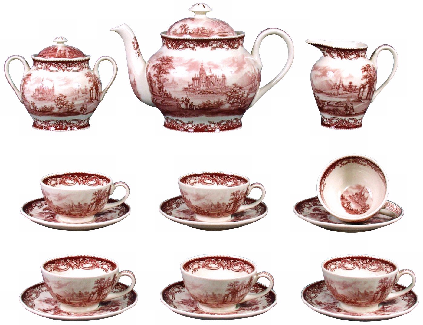 Set of 15 Red and White Porcelain Tea Set