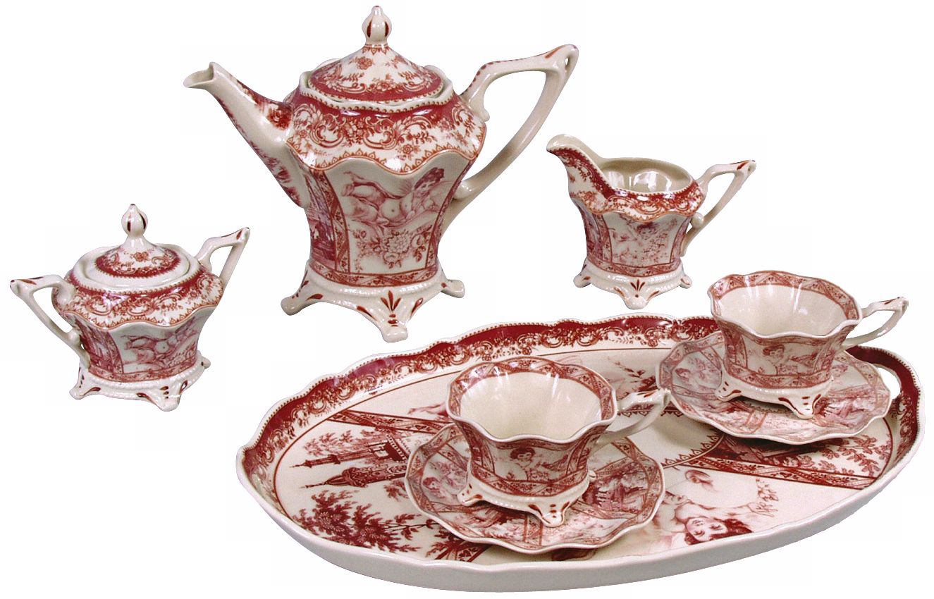 Set of 8 Red and White Porcelain Tea