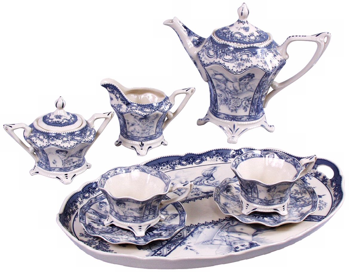 Set of 8 Blue and White Porcelain 10" Wide Tea Set