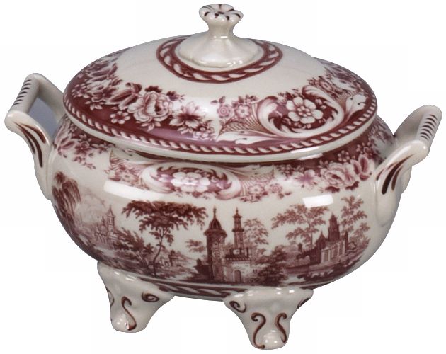 Red and White Porcelain 10" Wide Tureen with Lid