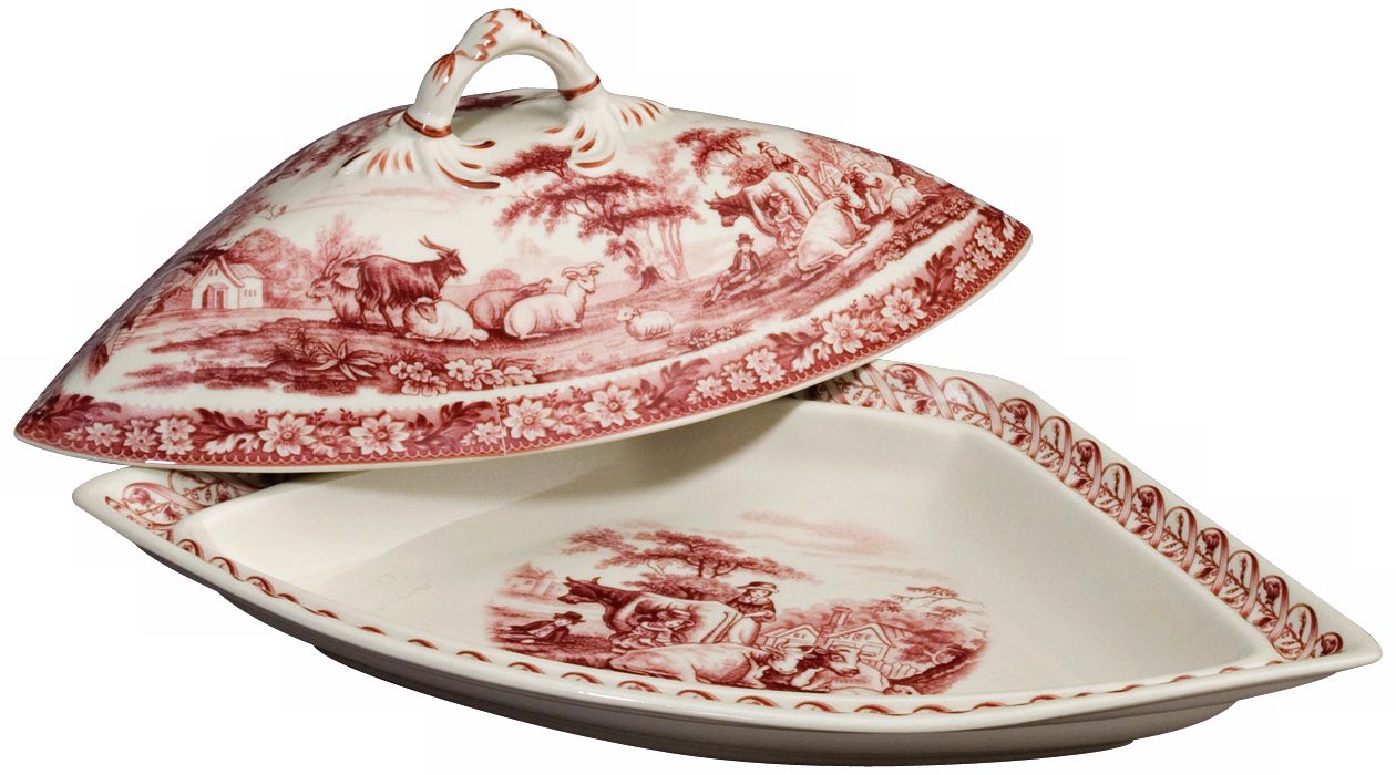 Red and White Porcelain 13 1/2" Wide Tureen