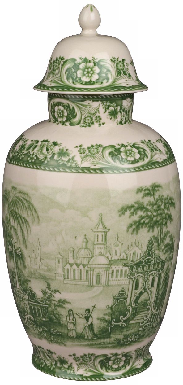Green and White Porcelain 16" High Jar with Lid