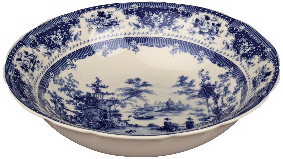 Blue and White Toile Pattern Porcelain Round Serving Bowl