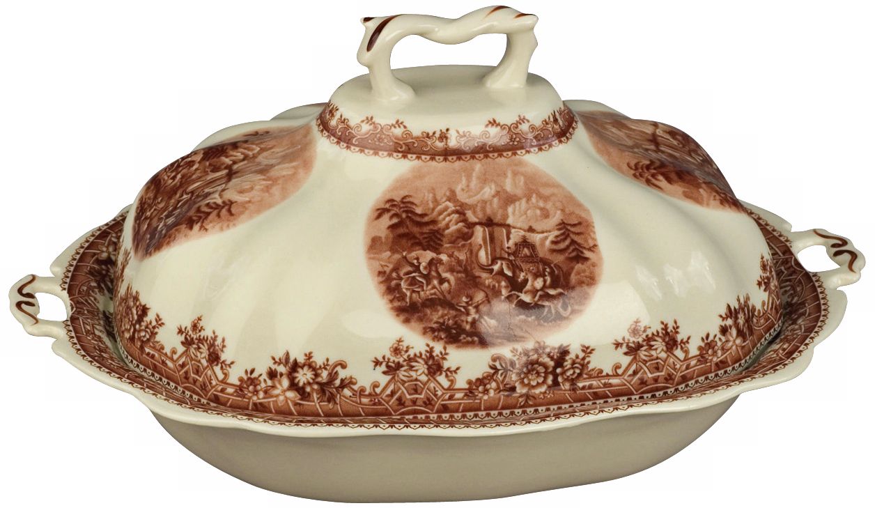 Brown and White Porcelain 12" Wide Tureen