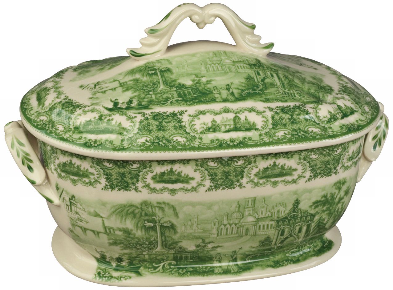 Green and White Porcelain 14" Wide Tureen