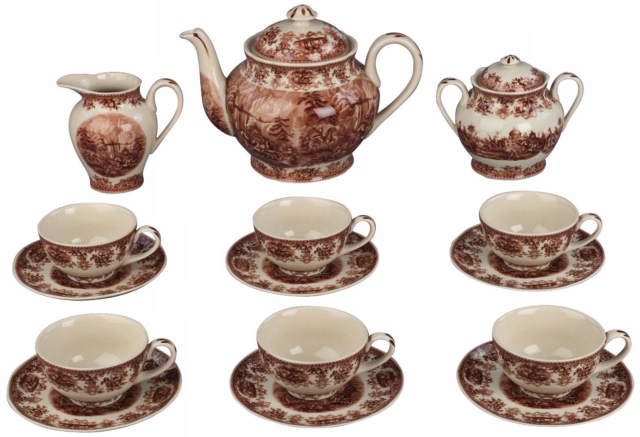 Set of 15 Brown and White Porcelain Tea Set