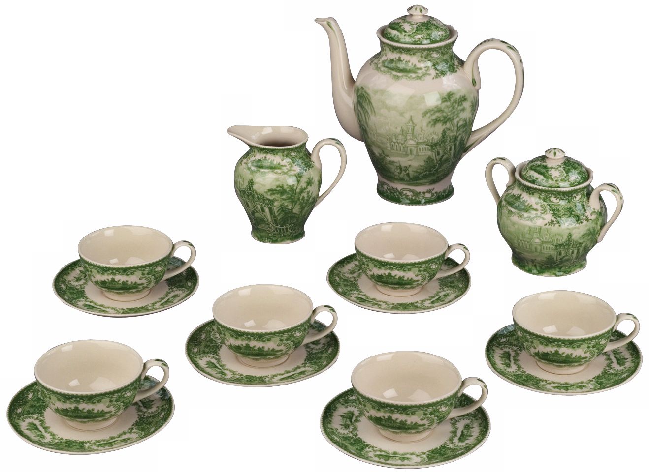 Set of 15 Green and White Porcelain Tea Set