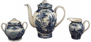 Set of 3 Blue and White Porcelain Cream Sugar and Tea Set