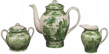 Set of 3 Green and White Porcelain Cream Sugar and Tea Set