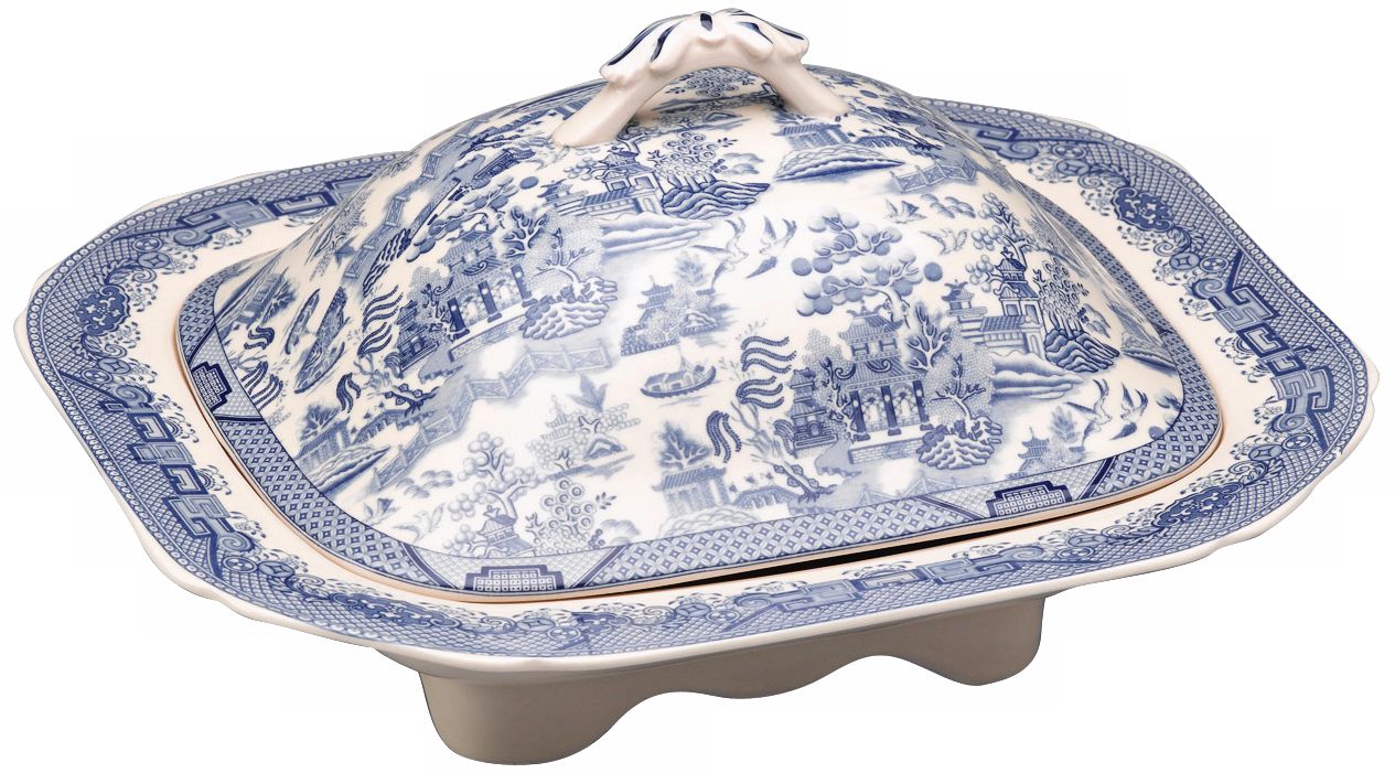 Blue and White Porcelain 11 3/4" Wide Tureen with Lid