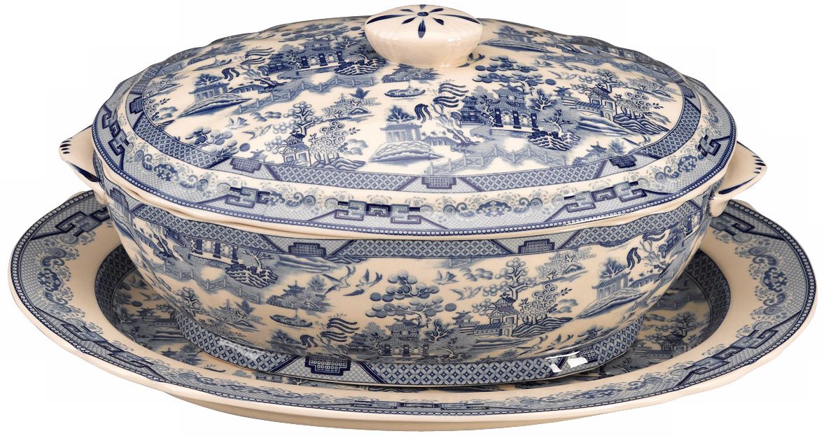 Set of 2 Blue and White Porcelain Tureen with Platter