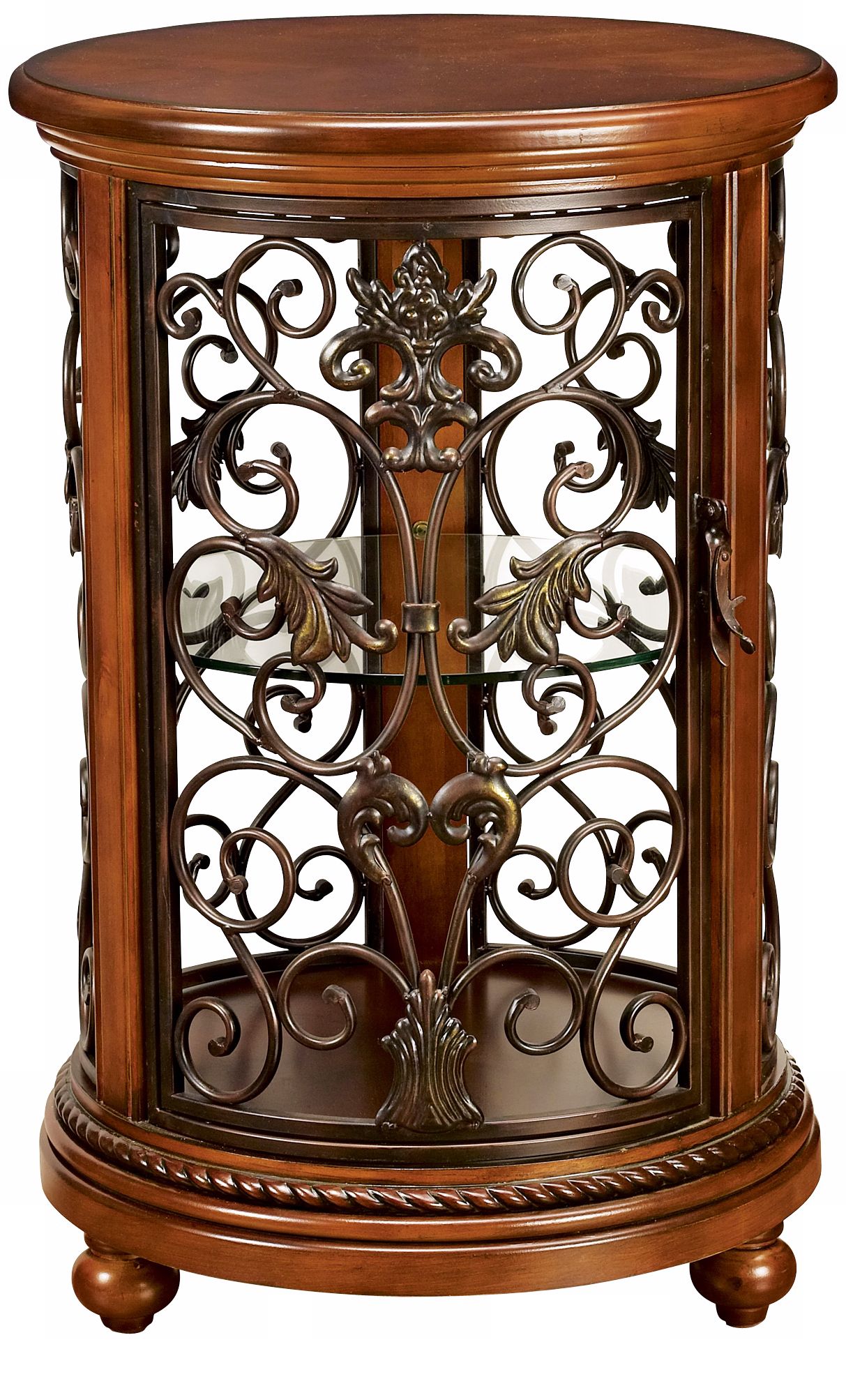 Florentine Round Wood And Iron Curio Cabinet