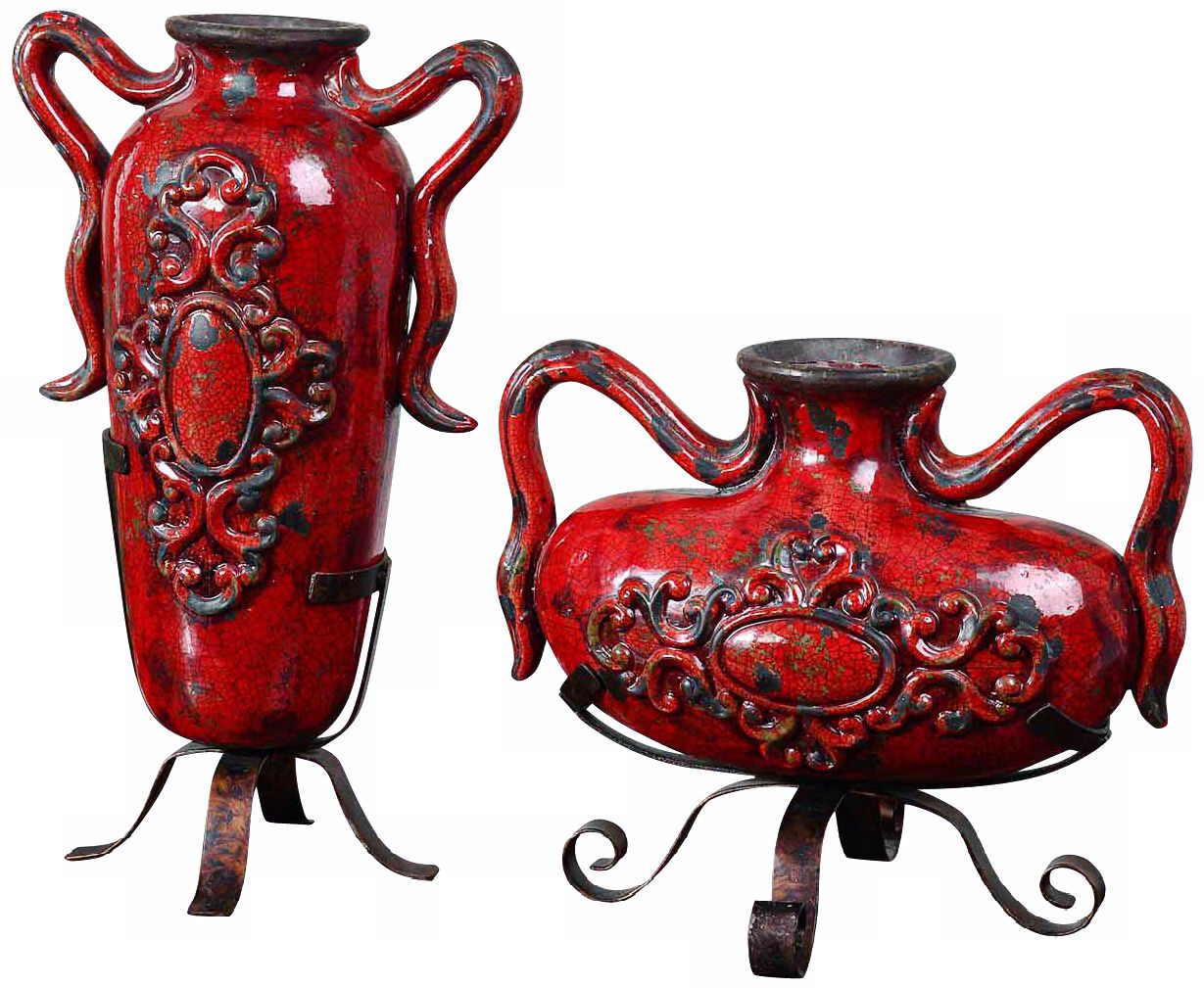 Uttermost Set of 2 Crackled Bright Red Ceramic Rami Vases