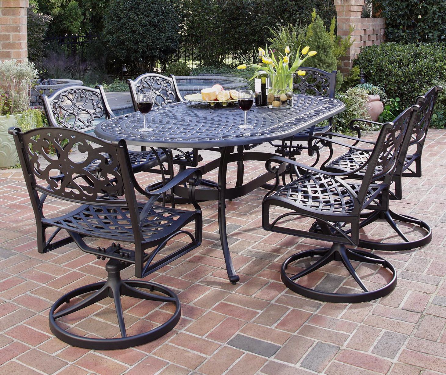 Biscayne Black 7-Piece Outdoor Table and Swivel Chairs Set