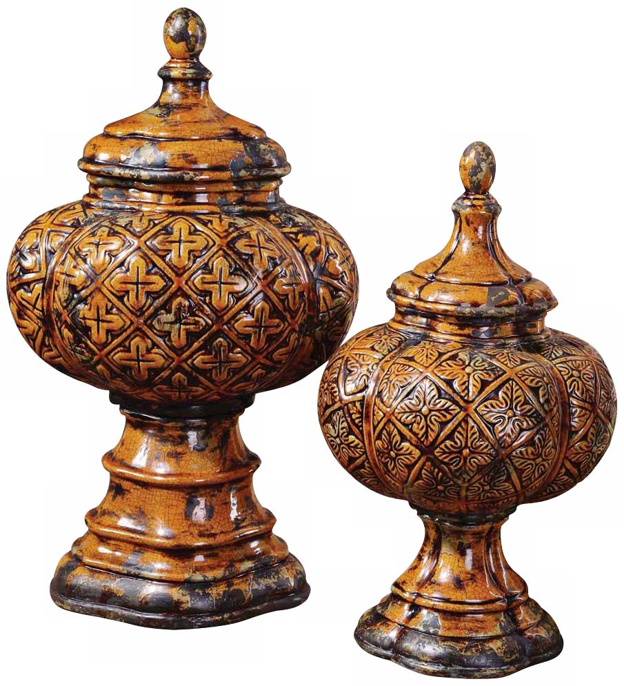 Set of 2 Uttermost Abu Crackled Goldenrod Urns
