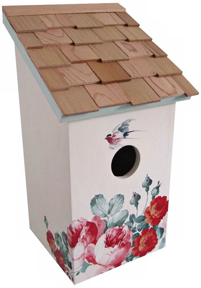 Hand-Painted Salt Box Poppies and Cream Birdhouse