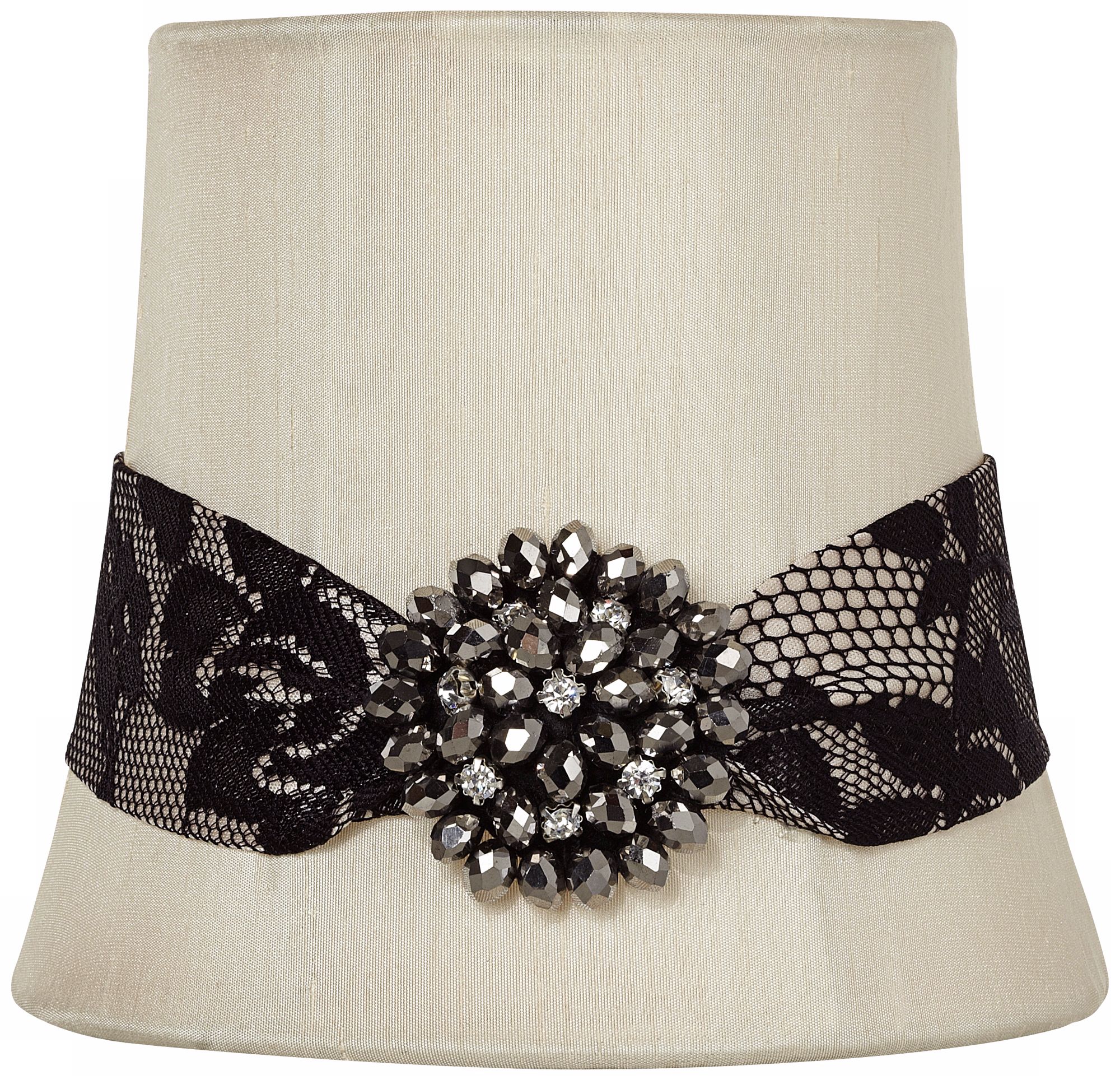 Lace and Rhinestone Creme Fabric Shade 4x5.5x5 (Clip-On)