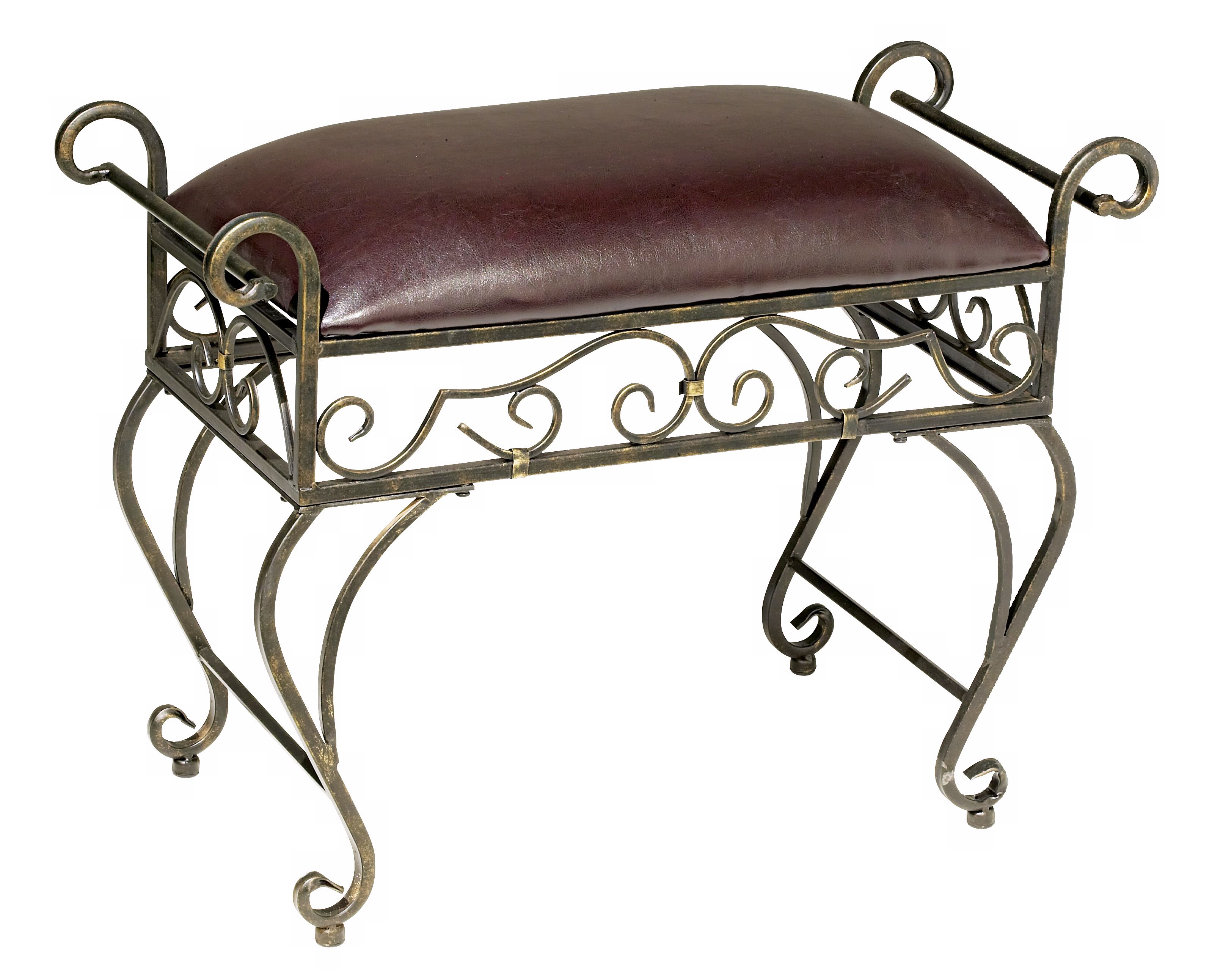 Iron Scroll Faux Leather Upholstered Bench